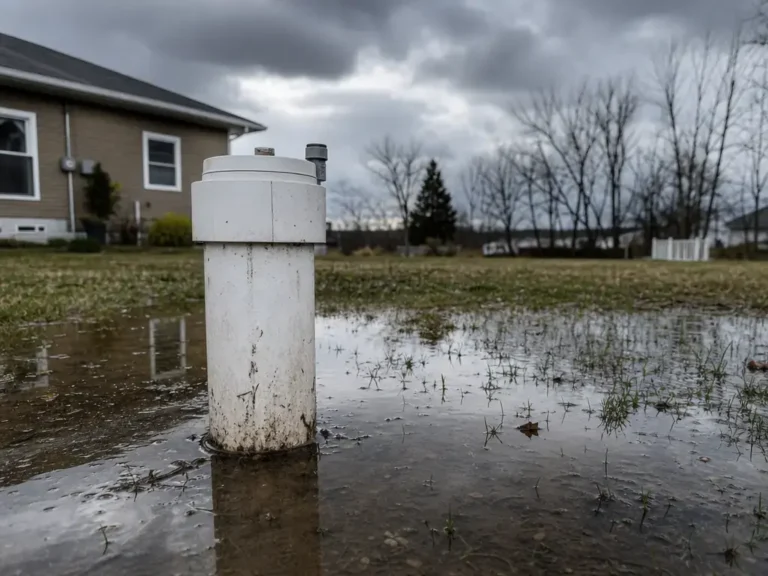 Flooded backyard with well casing surrounded by water